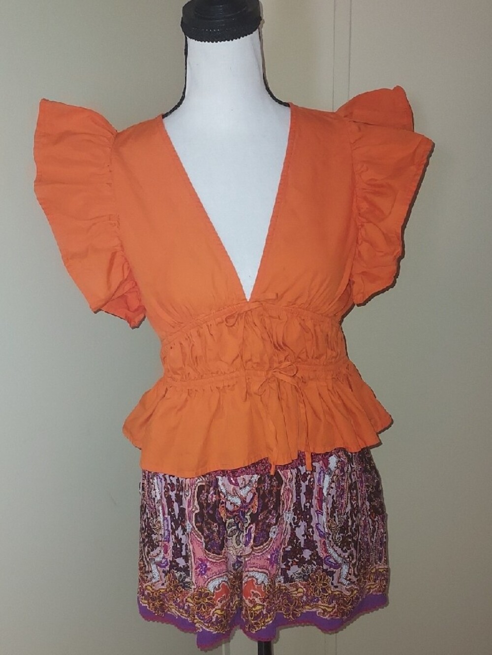 day + moon Orange Flutter Sleeve Peplum Blouse